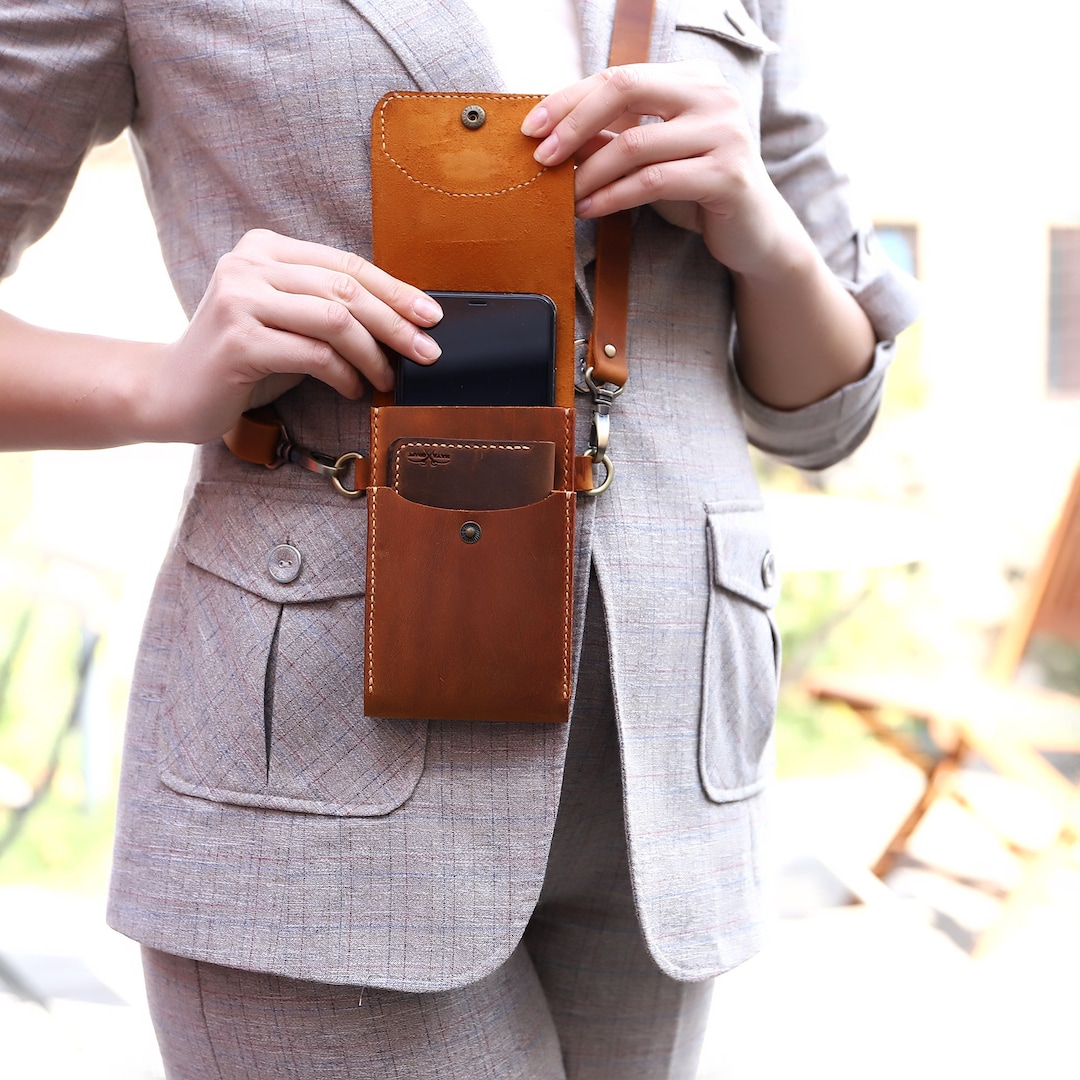 Personalized Leather Crossbody Phone Bag Handmade Unisex Small Cell