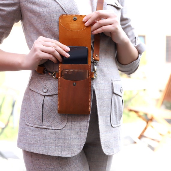 Leather mobile phone pouch with strap
