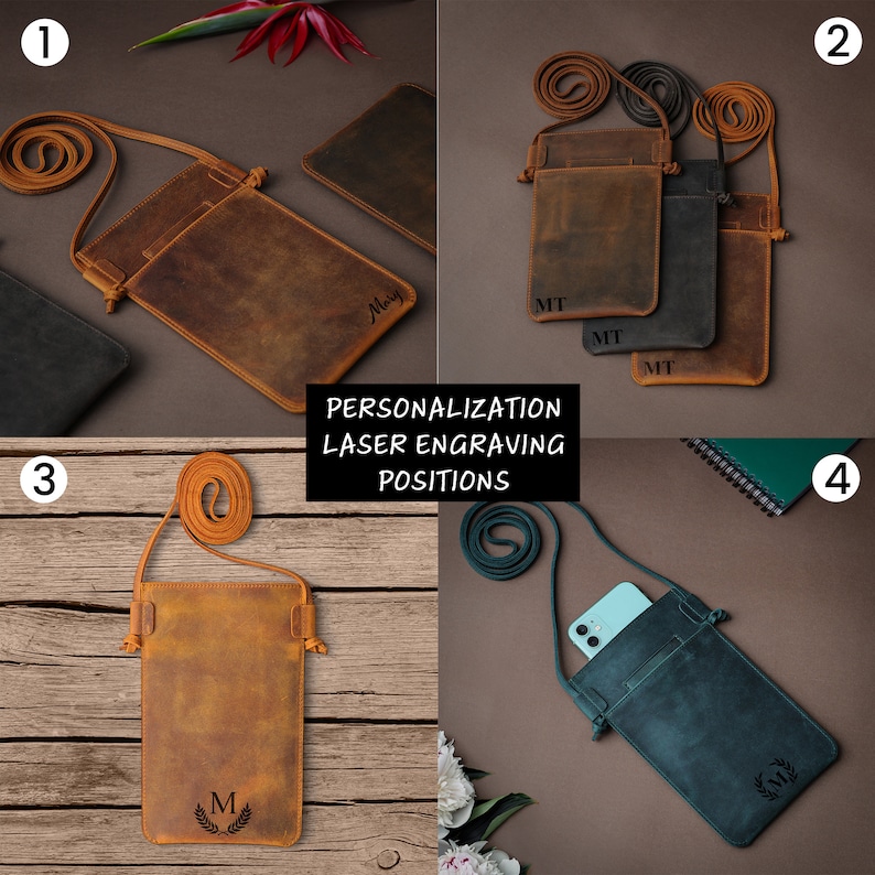 May include: Four different leather phone pouches with adjustable straps. The pouches are brown, black, teal, and brown. Each pouch has a different personalization option, including a name, initials, and a monogram. The text "PERSONALIZATION LASER ENGRAVING POSITIONS" is displayed in the center of the image.