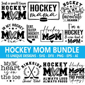 Puede incluir: Un paquete de descarga digital de 15 diseños SVG únicos para mamá de hockey. Los diseños presentan discos de hockey, palos y corazones con texto como "Mamá de hockey", "El hockey es mi temporada favorita" y "Mi corazón está en el hielo".