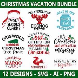 クリスマス休暇 SVG デザイン バンドル。PNG と AI が含まれています。12 種類のユニークなデザイン。T シャツ、セーター、マグカップに最適です。ダウンロード可能な製品です。