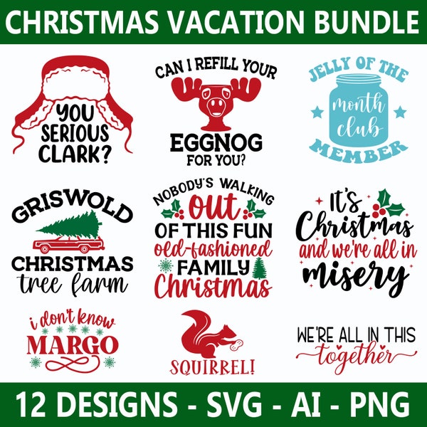 Weihnachtsferien SVG Design Bundle. PNG und AI enthalten. 12 einzigartige Designs. Perfekt für T-Shirts, Pullover oder Tassen. Herunterladbares Produkt.