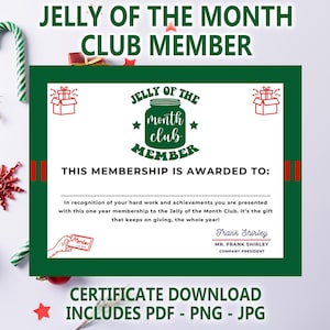 Jelly of the Month Club Certificate, PDF, PNG, jpeg included, Perfect For Any Christmas Gift, Digital Download, Christmas Vacation Gag Gift