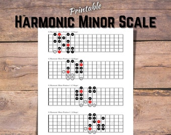 Harmonic Minor Scales for Guitar. All 5 positions. Printable Digital Download