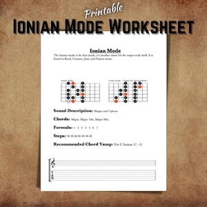 Ionischer Modus Arbeitsblatt für Gitarre. Druckbarer digitaler Download.