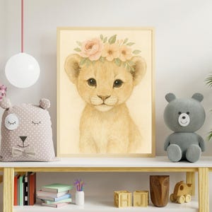 Baby Lion Girl Floral Wall Art Printable | Safari Nursery Decor for Girls | Boho Jungle Animal Digital Download for Baby Room