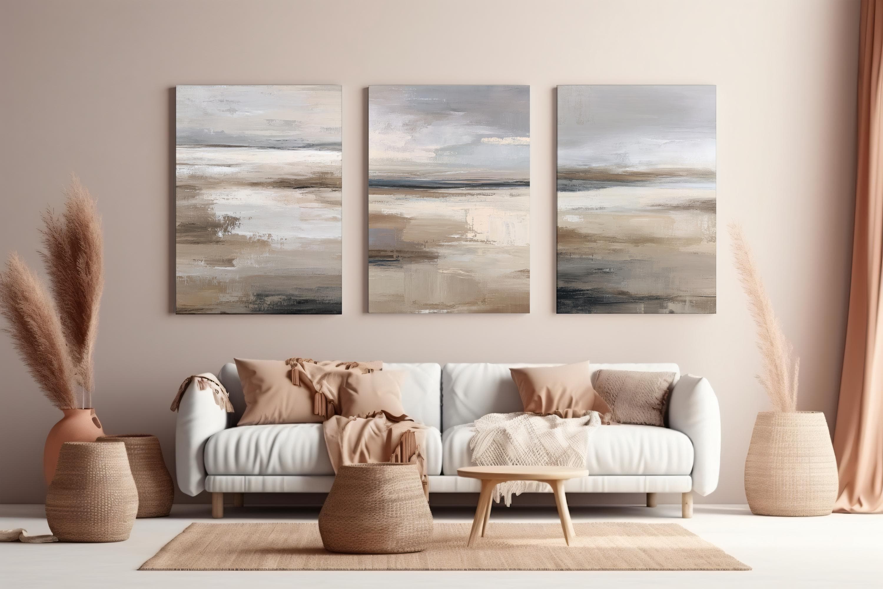 Modern Neutral Abstract Triptych Wall Art Set – Beige Grey Minimalist ...
