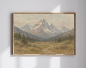 Vintage Mountain Landscape Print: Snowy Peaks, Rustic Valley (Digital Download)