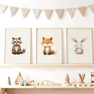 Woodland Animals Nursery Set | 3 Piece Wall Art for Baby Room | Fox Bunny Raccoon Wall Art | Printable Baby Shower Gift | Above Bed Decor