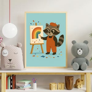Rainbow Raccoon Nursery Print: Whimsical Woodland Art (Digital Download)