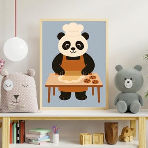 Lámina infantil de panda horneando / Lindo arte mural de animales de chef para habitación infantil o cocina de juguete / Póster digital con temática de galletas / Descarga instantánea