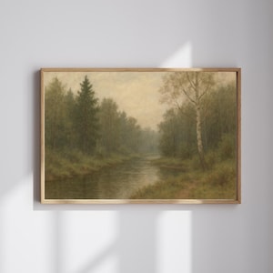Vintage Forest River Landscape Printable | Rustic Woodland Wall Art | Tranquil Nature Scene with Birch Tree | Antique Landscape Painting