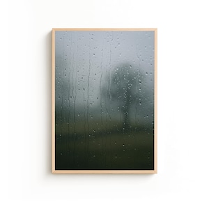 May include: A framed art print featuring a view through a rain-streaked window. The image shows a blurred, out-of-focus landscape with a tree in the distance. The frame is a light wood color, and the overall tone is muted and atmospheric.