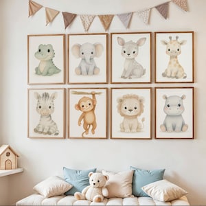8 Safari Animal Nursery Prints | Cute Animals Wall Art | Crocodile, Lion, Elephant, Giraffe, Zebra, Hippo, Monkey | Kids Room Decor