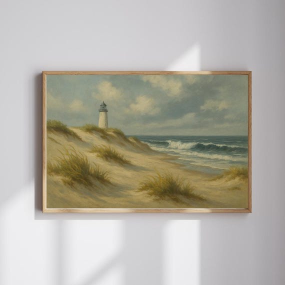 Vintage Coastal Lighthouse Print: Beach Oil Painting, Nautical Wall Art (Digital Download)