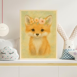 Baby Fuchs Blumen Wand Kunst Printable | Niedliche Waldtier Kinderzimmer Dekoration für Mädchen | Wald Baby Zimmer Digital Download Poster