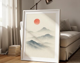 Japandi Aquarell Landschaft Print: Neblige Berge, Rote Sonne (Digitaler Download)