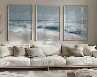 Coastal Ocean Wave Triptych Wall Art: Modern Seascape Painting, Landscape print (Digital Download)