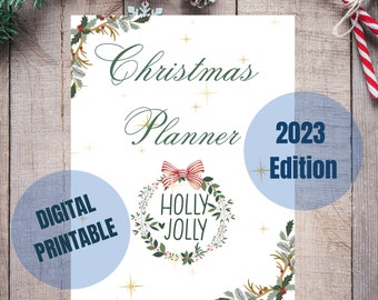 May include: A printable Christmas planner for 2023 with a holly jolly wreath design. The planner is digital and printable.