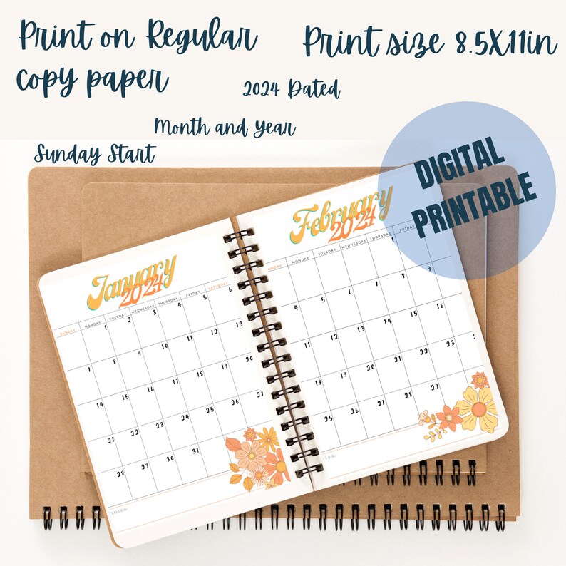 May include: A printable calendar for January and February 2024 with a retro floral design. The calendar is formatted with Sunday as the first day of the week and is sized for 8.5x11 inch paper.