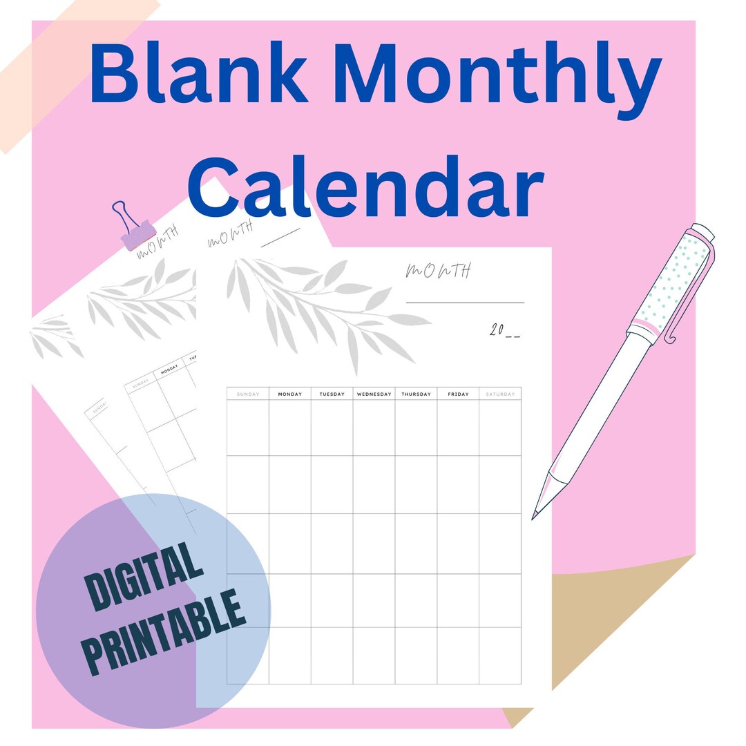 Monthly Blank Calendar Monthly Printable Digital Download Blank Monthly Blank Calendar Monthly Printable Digital Download Blank