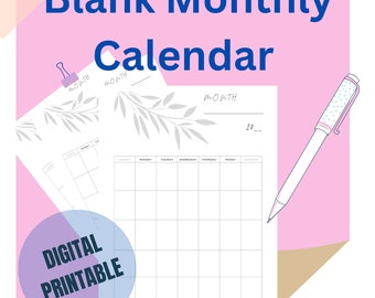 Monthly Blank Calendar Monthly Printable Digital Download Blank Calendar Instant download PDF Printable Calendar Simple Portrait 8.5X11in