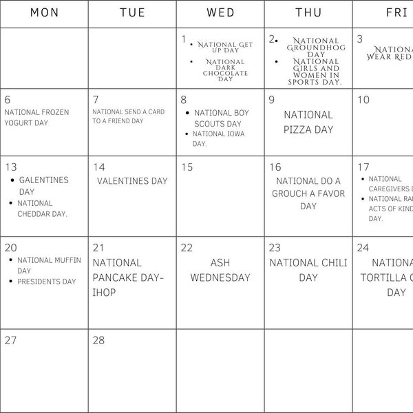 February Senior Care Calendar- National Holidays