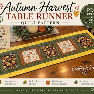 May include: A rectangular quilted table runner featuring alternating squares of black and white fabric with autumn leaf prints, framed by green and yellow borders. The text reads Autumn Harvest Table Runner Quilt Pattern, PDF Pattern, and Crafting by Darla.