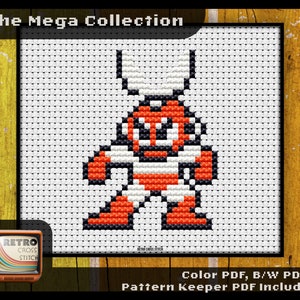 May include: A cross-stitch pattern featuring a pixelated character in orange, white, and black, set against a white background. The text "The Mega Collection" is at the top. The image includes a retro TV graphic and text indicating PDF pattern options.