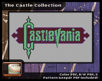 Castlevania Inspired Title Cross Stitch | DIY nerdy home décor | Large project for gamers | Retro graphics | Gothic Vampire