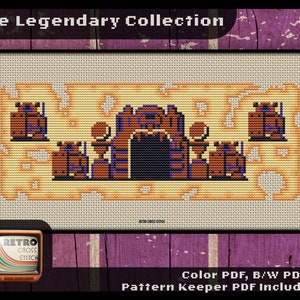 May include: Cross stitch pattern of a video game level with a castle and a dark doorway. The pattern is titled "The Legendary Collection" and includes color, black and white, and pattern keeper PDFs.