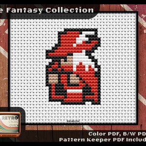 May include: Cross stitch pattern of a fantasy character wearing a red robe and hat. The pattern is titled "The Fantasy Collection" and includes colour, black and white, and pattern keeper PDFs.