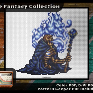 Könnte beinhalten: Kreuzstichmuster mit einer blauen und braunen Fantasyfigur mit einem Stab und langen weißen Haaren. Das Muster trägt den Titel "The Fantasy Collection" und beinhaltet Farb-, Schwarzweiß- und Musterhüter-PDFs.