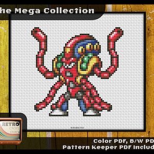May include: Cross stitch pattern of a red and blue robot character with a yellow background. The text "The Mega Collection" is at the top of the image. The text "Color PDF, B/W PDF, & Pattern Keeper PDF Included!" is at the bottom of the image.