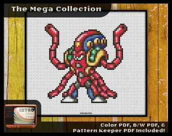May include: Cross stitch pattern of a red and blue robot character with a yellow background. The text "The Mega Collection" is at the top of the image. The text "Color PDF, B/W PDF, & Pattern Keeper PDF Included!" is at the bottom of the image.