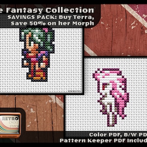 Könnte beinhalten: Kreuzstichmuster für Terra aus der Final Fantasy-Reihe. Das Muster enthält zwei Versionen von Terra, eine in ihrer normalen Form und eine in ihrer verwandelten Form. Das Muster ist als Farb-PDF, Schwarzweiß-PDF und Pattern Keeper-PDF erhältlich.