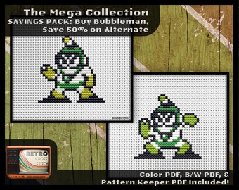 May include: A pixel art cross stitch pattern of a green and white character called Bubbleman. The image includes the text "The Mega Collection Savings Pack: Buy Bubbleman, Save 50% on Alternate. Color PDF, B/W PDF, & Pattern Keeper PDF Included!"