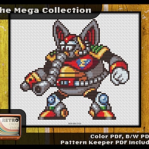 May include: Cross stitch pattern of a robot character with red, yellow, and black details. The pattern is titled "The Mega Collection" and includes color, black and white, and pattern keeper PDFs.