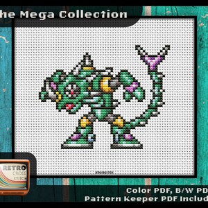 May include: A cross stitch pattern of a green, purple, and yellow robot character. The pattern is titled "The Mega Collection" and includes color, black and white, and pattern keeper PDFs.