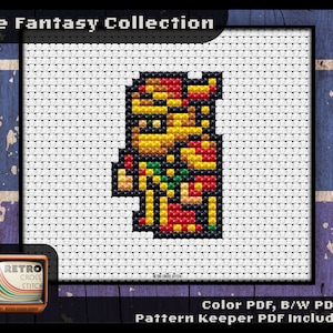 May include: Cross stitch pattern of a fantasy character wearing a red and yellow outfit. The pattern includes color and black and white PDF files, as well as a pattern keeper PDF.