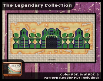 May include: A pixelated cross-stitch pattern of a video game level with a dark doorway and green columns. The text "The Legendary Collection" is at the top of the image. The text "Color PDF, B/W PDF, & Pattern Keeper PDF Included!" is at the bottom of the image.