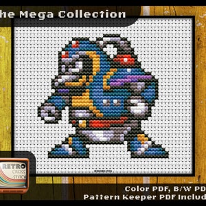 May include: Cross stitch pattern of a blue, yellow, red, and black robot character. The pattern is titled "The Mega Collection" and includes color, black and white, and pattern keeper PDFs.