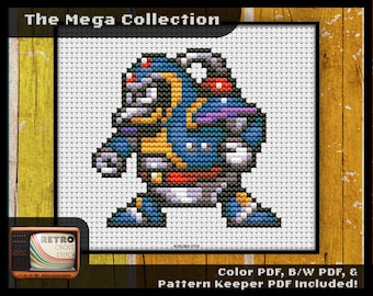 May include: Cross stitch pattern of a blue, yellow, red, and black robot character. The pattern is titled "The Mega Collection" and includes color, black and white, and pattern keeper PDFs.