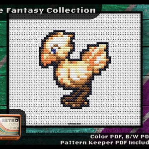 May include: A pixelated cross-stitch pattern of a yellow bird with a blue eye. The pattern is titled "The Fantasy Collection" and includes color, black and white, and pattern keeper PDFs.
