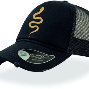 May include: Black trucker hat with a gold snake design and a curved visor. The hat has a mesh back and a distressed look.