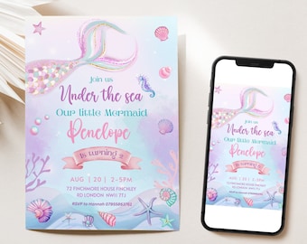 May include: A mermaid-themed birthday invitation with a pink and blue watercolor background. The invitation features a mermaid tail with glitter and a seahorse. The text reads "Join us Under the sea Our little Mermaid Penelope is turning 2 AUG 20 | 2-5PM 72 Finchmore House Finchley Rd London NW11 7TJ RSVP to Hannah 07955863761".