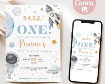 Editable First Trip Around the Sun Birthday Invitation, 1st Birthday Boy Party Invite, Space Invitation, Astronaut Invite, Instant Download