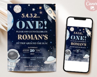 Editable First Trip Around the Sun Blue Birthday Invitation, 1st Birthday Boy Party Invite, Space & Astronaut Invite, Instant Download