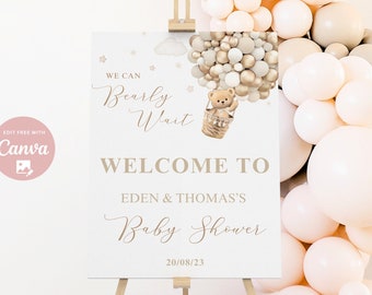 Panneau de bienvenue pour baby shower modifiable, We Can Bearly Wait, thème ours, affiche de baby shower Boho Brown Bear, téléchargement immédiat