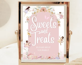 Letrero de mesa con dulces y golosinas para el primer cumpleaños de una hada encantada, diseño bohemio de dulces en rosa ruborizado, para fiesta de primer cumpleaños de niña. Descarga instantánea.